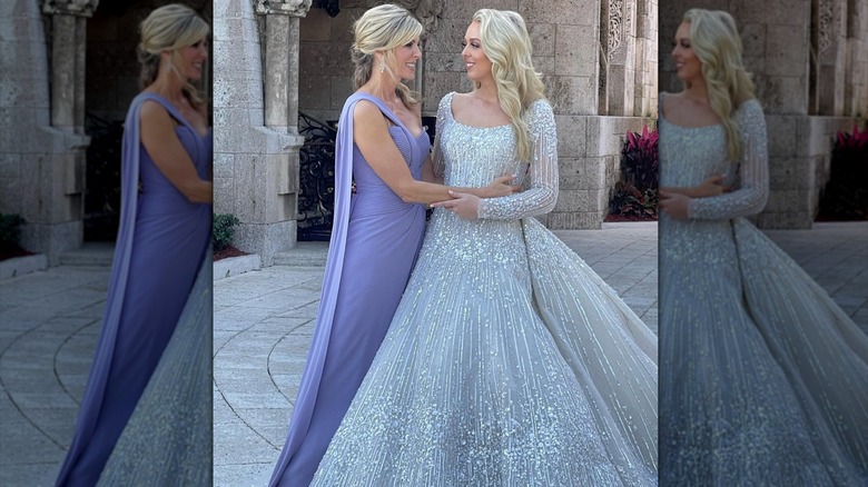 Marla Maples posing with Tiffany Trump on her wedding day