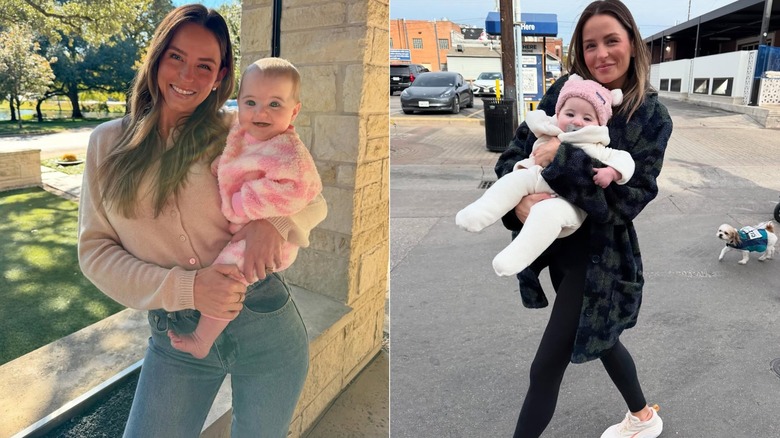 Margo Martin in casual clothes as she holds a baby