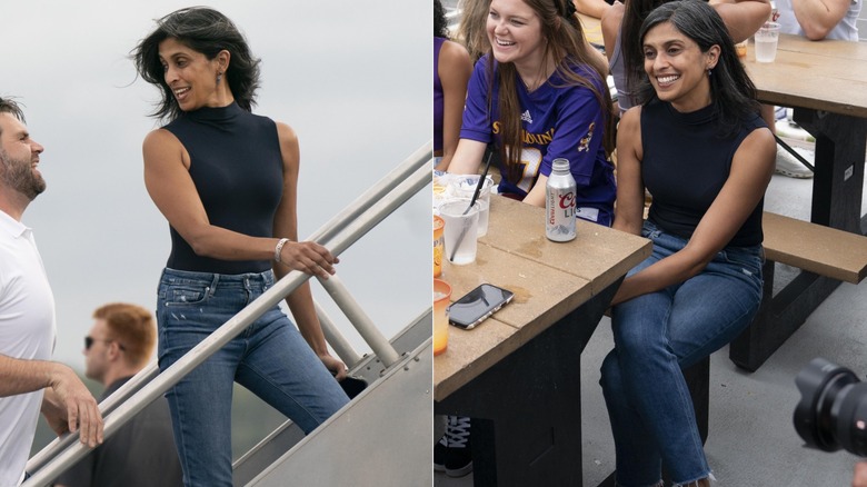 Usha Vance in a black sleeveless tank and skinny jeans