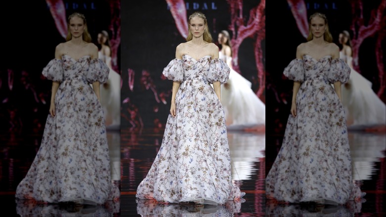 woman wearing printed wedding gown