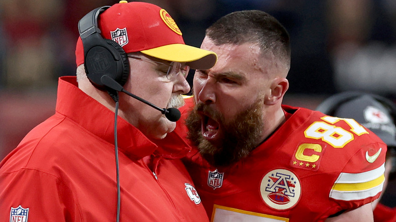 Travis Kelce screaming at coach Andy Reid
