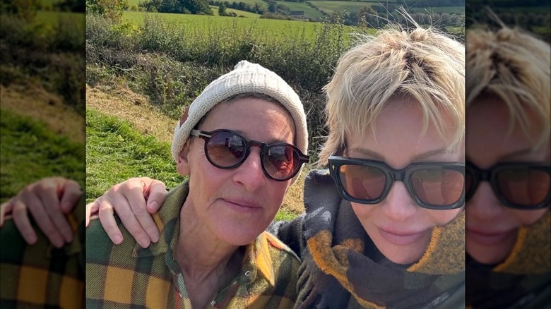 Ellen DeGeneres and Portia de Rossi posing in The Cotswolds.