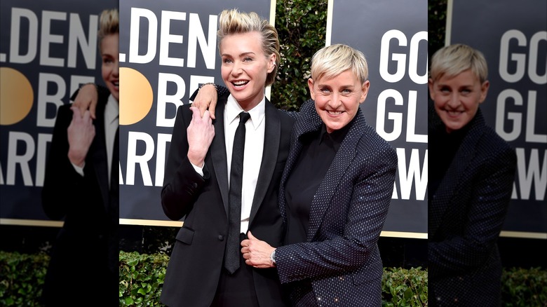 Ellen DeGeneres with both arms around Portia de Rossi at the 2020 Golden Globes.