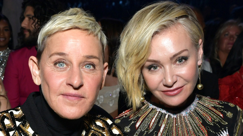 Ellen DeGeneres and Portia de Rossi sitting together at the 2020 Grammy Awards.