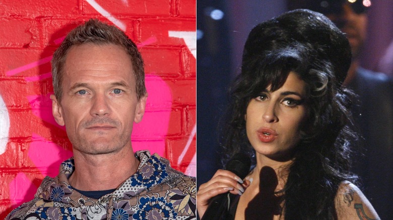 Neil Patrick Harris posing on a red background and Amy Winehouse performing with long dark hair