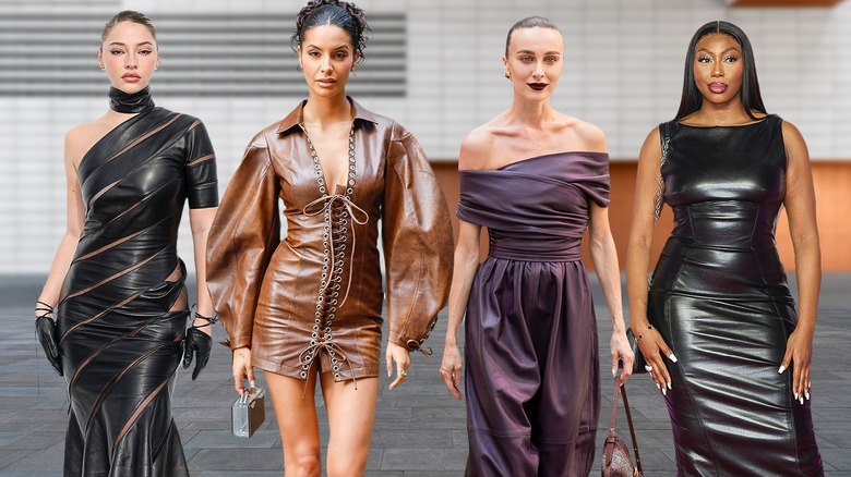 Four women wearing leather dresses