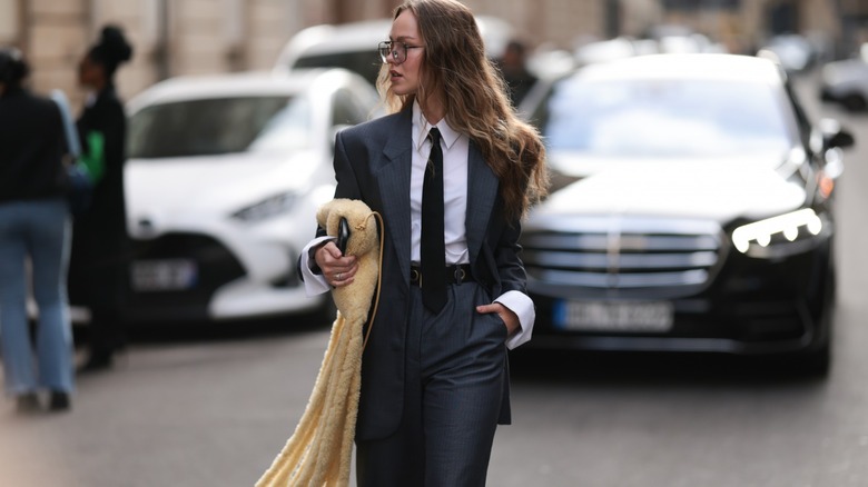 woman wearing dark gray suit
