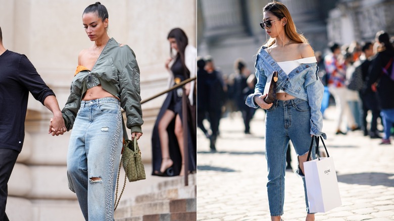 Women wearing off-the-shoulder silhouettes with ripped jeans