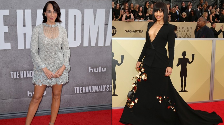 Amanda Brugel in an icy-blue dress next to Amanda Brugel in a black low-cut gown