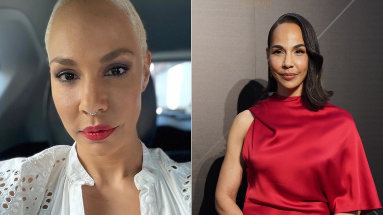 Amanda Brugel with a blond pixie cut and nose ring next to Amanda Brugel in a silk red dress