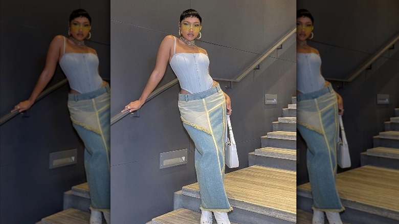 woman in denim skirt