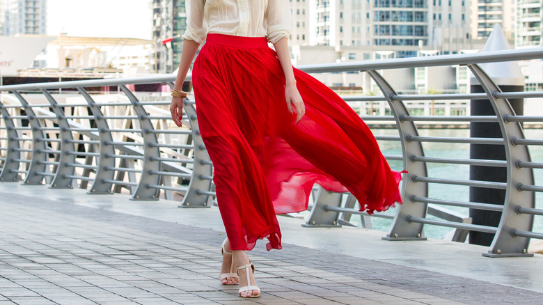 woman in Red maxi skirt