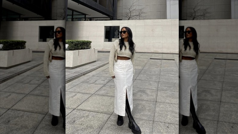 woman in white maxi skirt