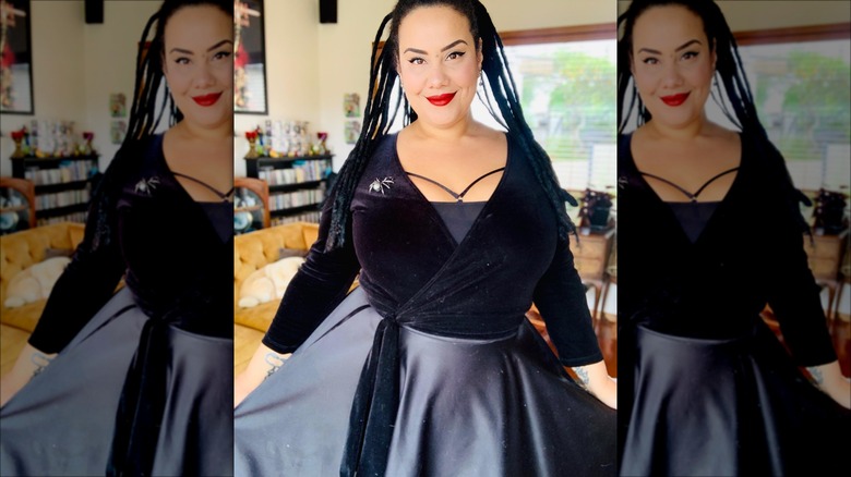 Woman modeling a velvet wrap dress