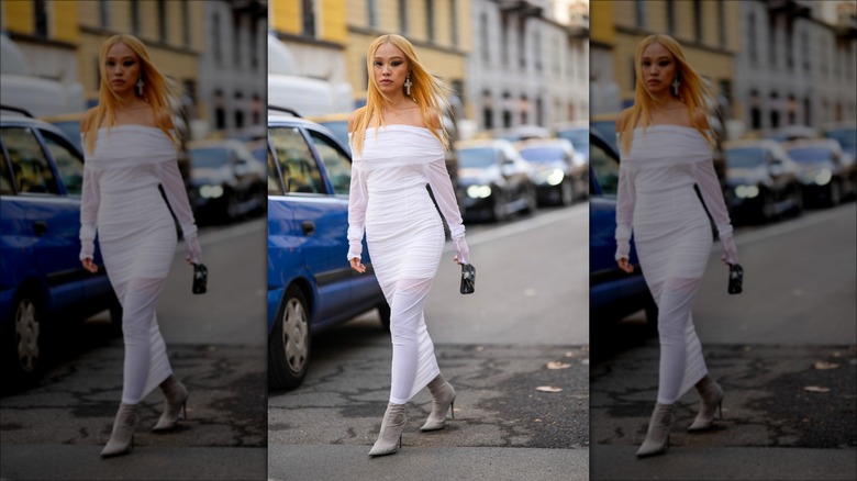 woman wearing maxi ruched dress