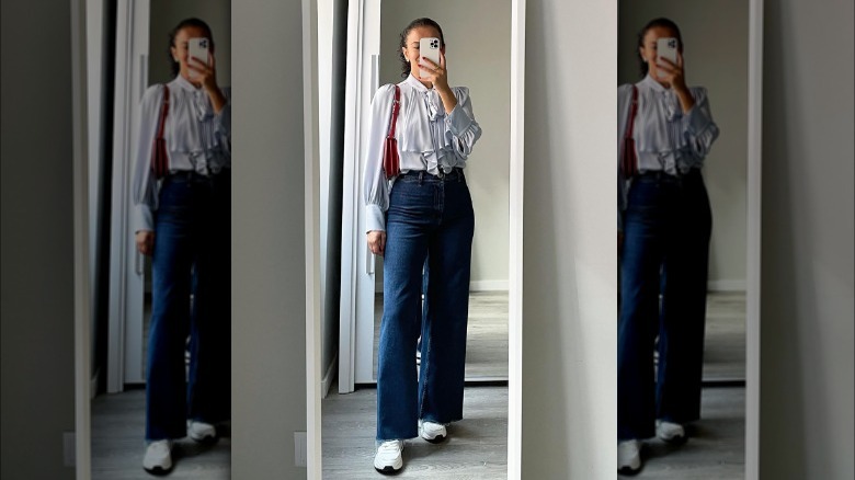 woman in ruffled pirate shirt 