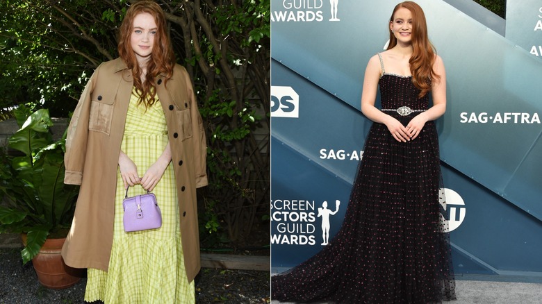 Sadie Sink in 2019 and 2020 posing in dresses