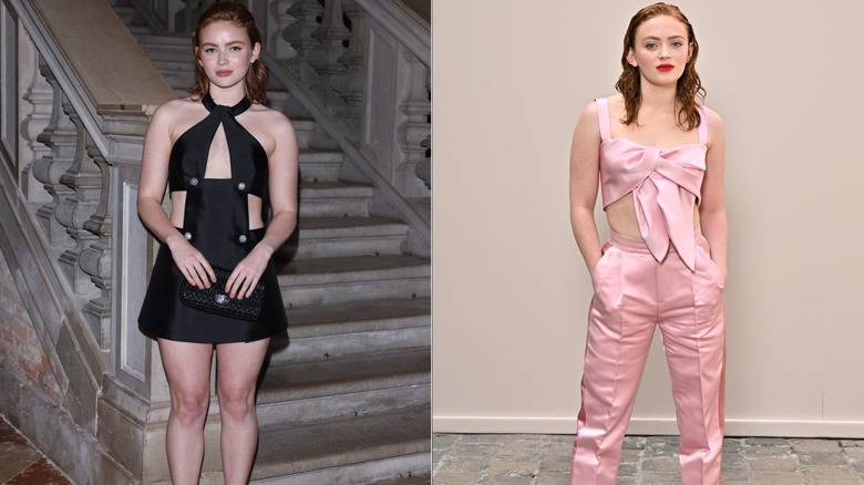 Sadie Sink in 2023 and 2024 in a dress and pink set