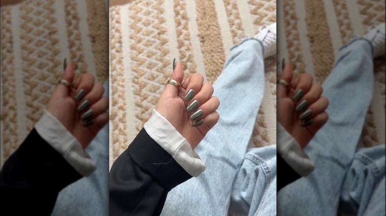 Dark sage chrome nails