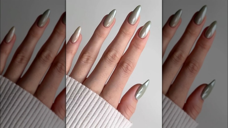 Nude and sage chrome nails