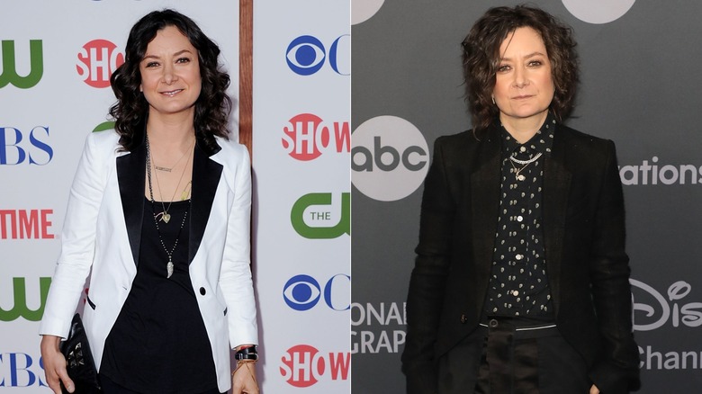 Sara Gilbert wearing a white and black blazer