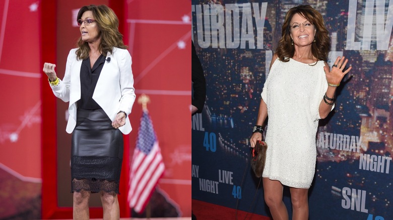 Sarah Palin attends formal events in elegant outfits with short skirts