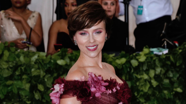 Scarlett Johansson in a red-and-pink dress at the 2018 Met Gala