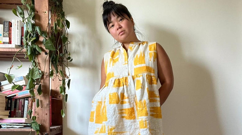 woman wearing a screen-printed dress