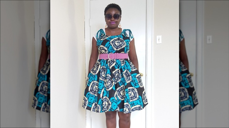 woman wearing a screen-printed dress