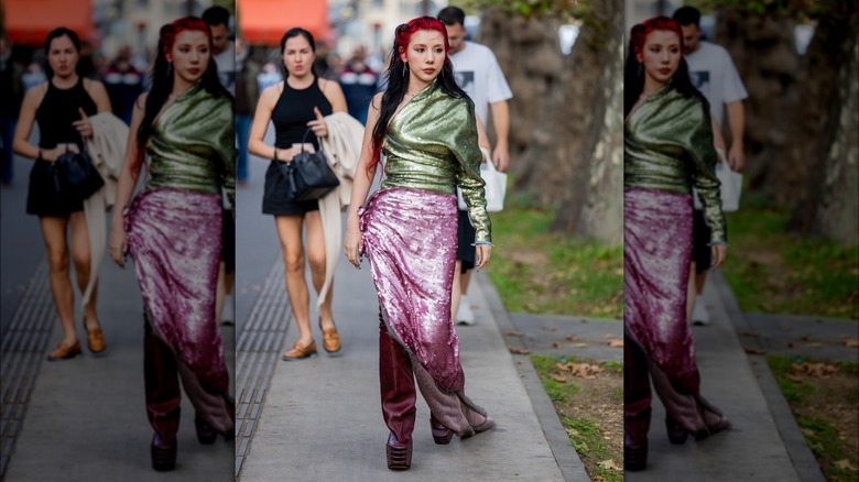 woman wearing maxi sequined skirt