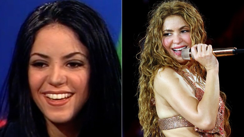 A side-by-side image of Shakira with black hair in the '90s and blond hair in 2025