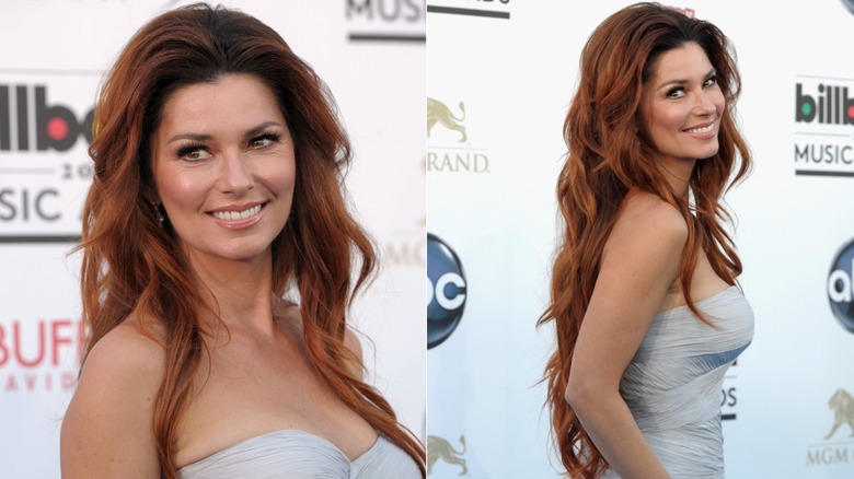 Shania Twain wears a strapless gown with deep auburn hair styled in long, relaxed waves