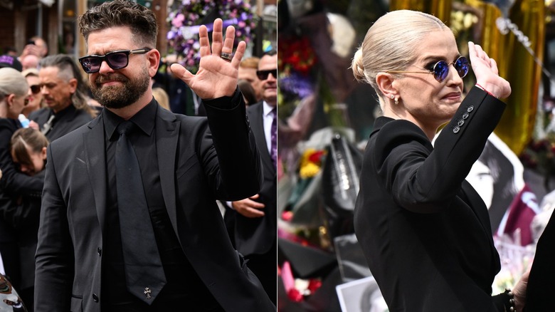 Jack Osbourne (L) and Kelly Osbourne (R) wave to the crowd at Ozzy Osbourne's funeral