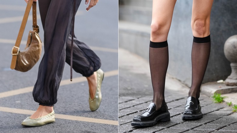 close up of satin embellished ballet flats vs black chunky loafers