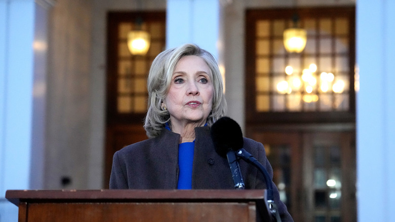 Former U.S. Secretary of State Hillary Clinton speaks to the press after testifying in a closed-door deposition with the House Oversight Committee at the Chappaqua Performing Arts Center on February 26, 2026