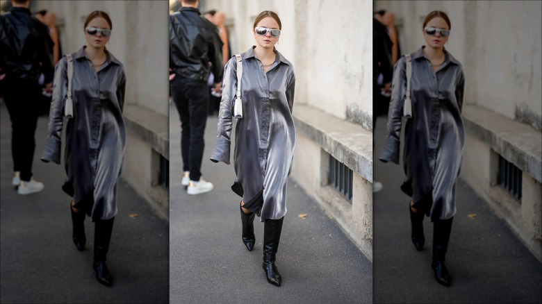 woman wearing silver shirtdress
