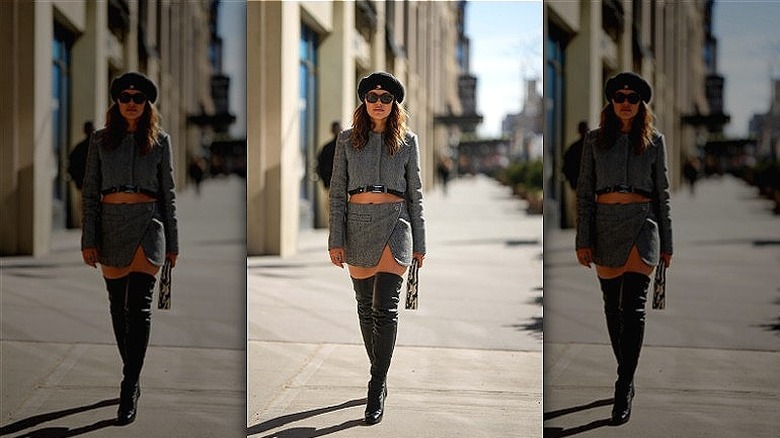 woman wearing miniskirt suit