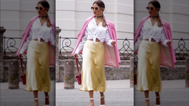 button-down with yellow skirt