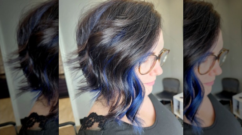 Ashy brown hair and blue highlights