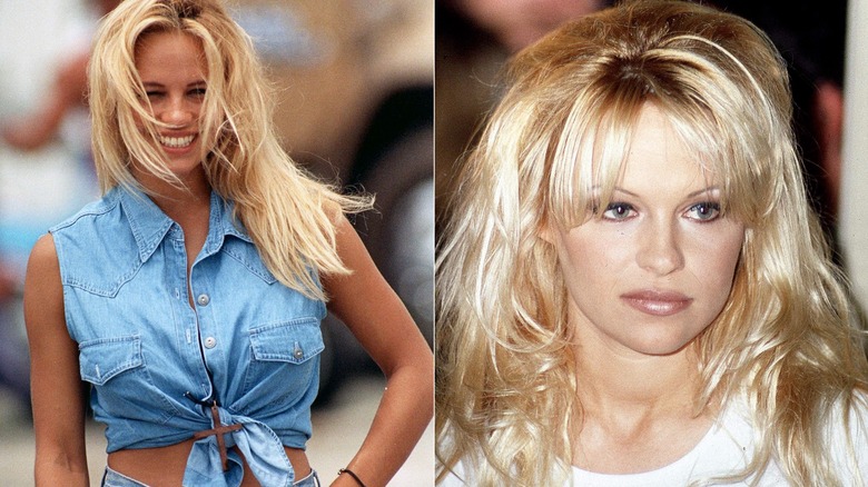 Pamela Anderson in a denim wrap top and with bangs in 1990