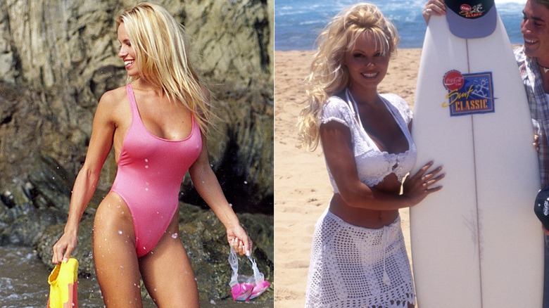 Pamela Anderson posing in a swimsuit in 1992 on the set of "Baywatch" and then in a white beach outfit in 1994
