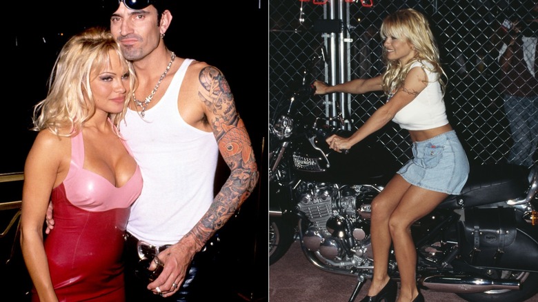 Pamela Anderson posing in a latex pink and red dress, and also wearing a denim mini with a white tee