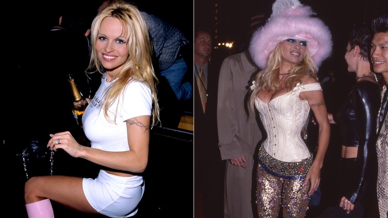 Pamela Anderson posing in a white tee and pink boots and a white bustier with a fluffy pink hat and metallic pants