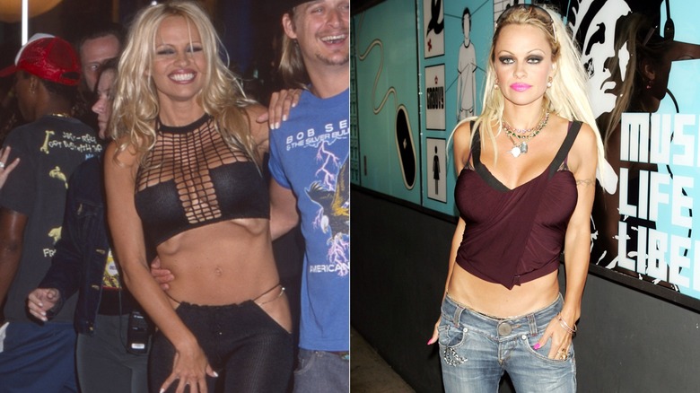 Pamela Anderson wearing a netted crop top and extremely low-cut black pants, and hip-hugger jeans with a maroon top