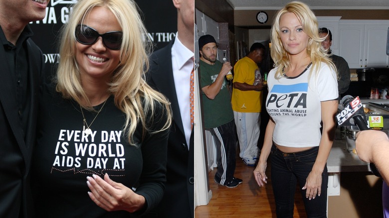 Pamela Anderson in an AIDS awareness top and in a Peta top