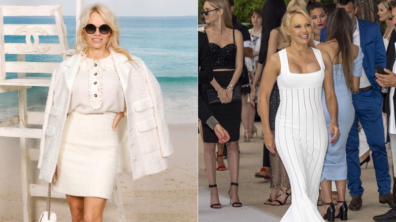 Pamela Anderson posing in a cream Chanel outfit and in a white dress