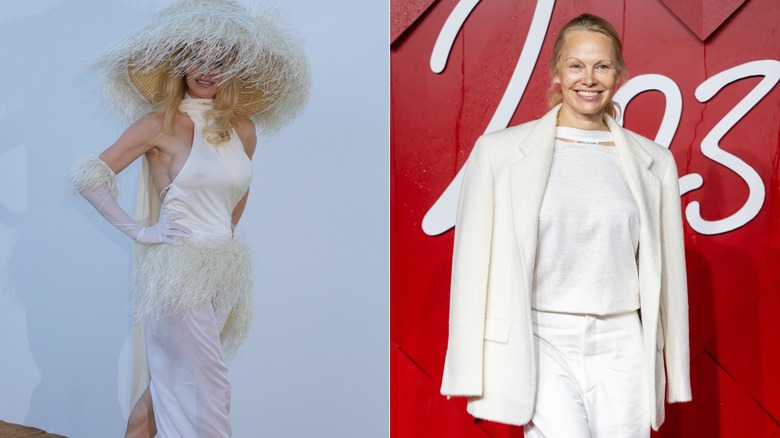 Pamela Anderson in a white dress and statement fringe hat, and in no makeup in a white outfit