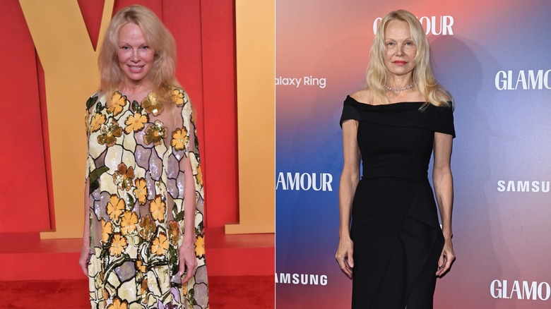 Pamela Anderson in a floral dress and in a black dress