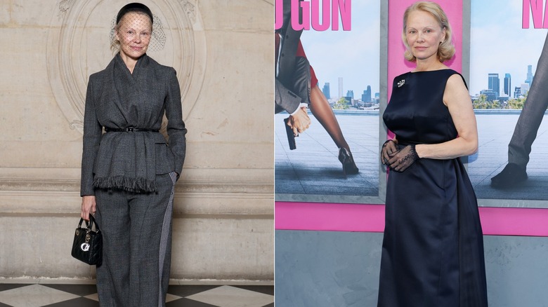 Pamela Anderson in a gray outfit with a fascinator, and in a navy dress with lace gloves