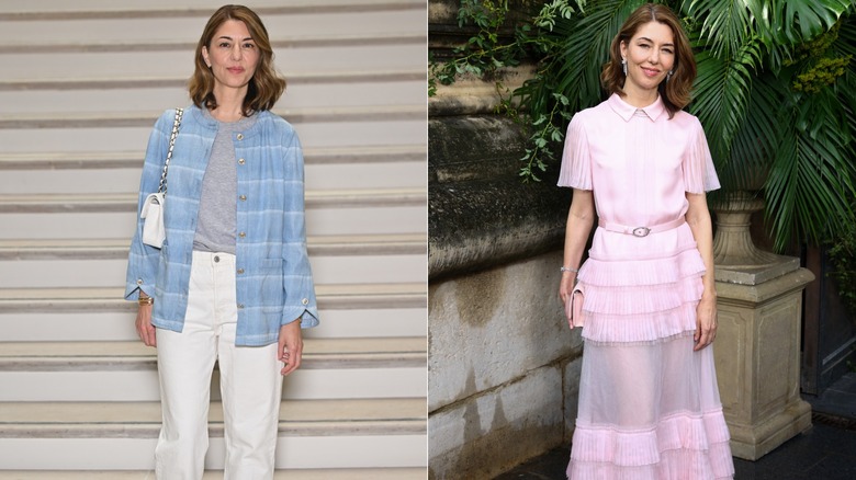 Sofia Coppola's style in 2025, including plaid shirts and pink dresses.